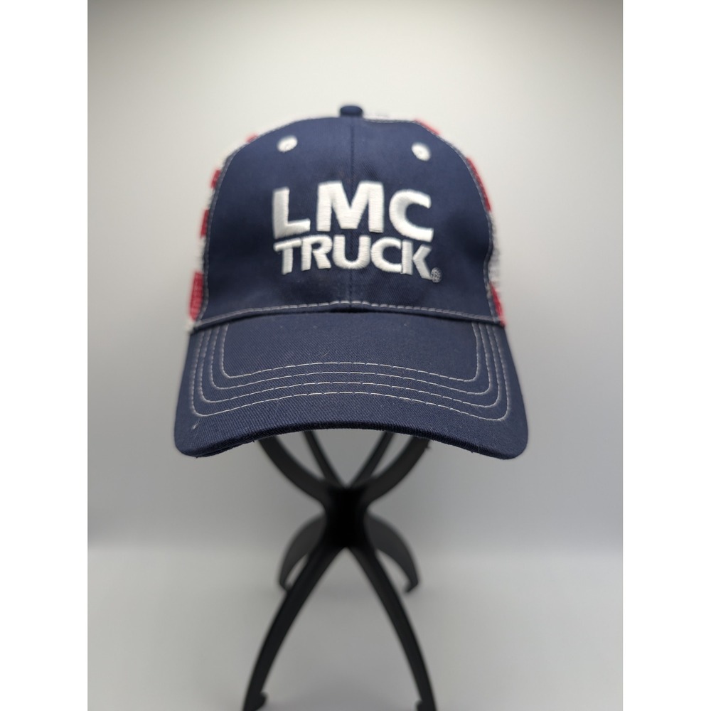 LMC Truck Hat Mens Navy Blue American Flag Mesh Back Adjustable Trucker Cap